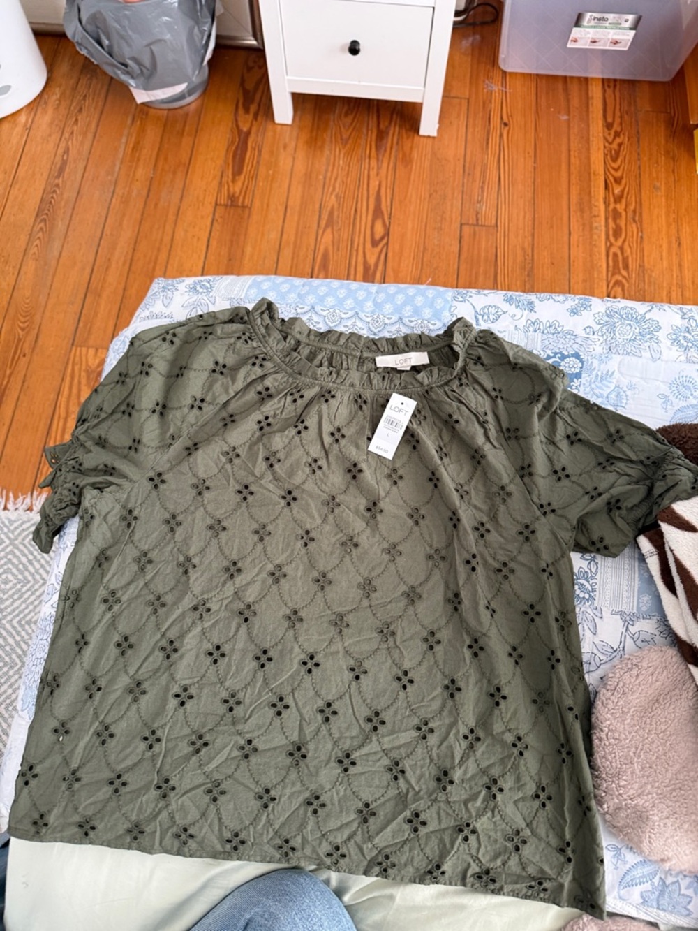 LOFT Olive Eyelet Short Sleeve Blouse